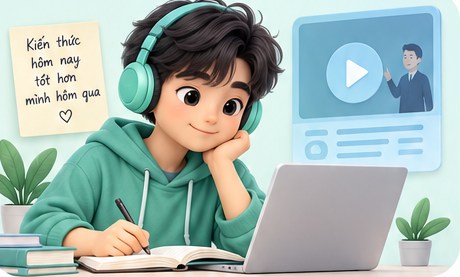 Sinh viên đang học với máy tính